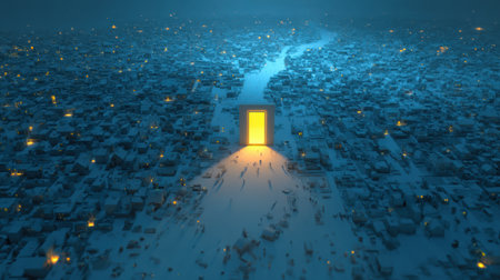 A dynamic animation shows a route on a map, culminating at a bright glowing icon on a doorstep amidst a snow-covered city at night.の素材