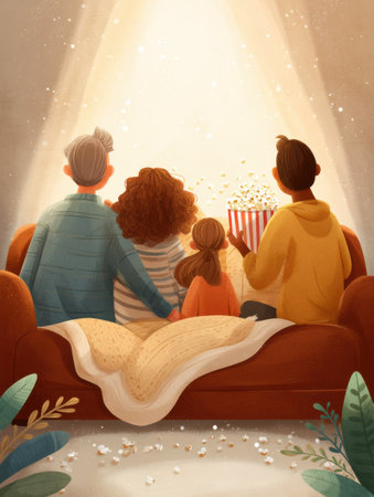 A family gathers on a cozy couch, enjoying a movie night with popcorn and a soft blanket. The warm ambiance enhances their shared moments.の素材