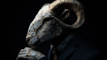 A suited ram with a cracked stone texture stands still in profile against a dark backdrop, creating a striking contrast.の素材