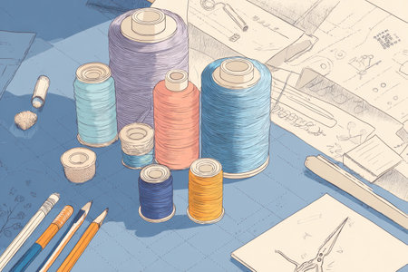 Colorful threads and various sewing tools are organized on a light workspace, accompanied by sketches and design notes, creating a creative atmosphere.の素材