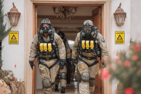 First responders in protective gear enter a residential property marked with caution signs, demonstrating preparedness for potential dangers.の素材