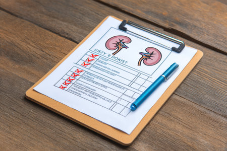 Clipboard features a kidney function checklist alongside a blue pen, ready for evaluation in a healthcare environment on a wooden surface.の素材