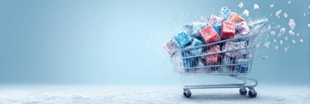 Frozen goods packed in a shopping cart create a striking visual against a cool backdrop, highlighting the freshness and variety available for shoppers.の素材