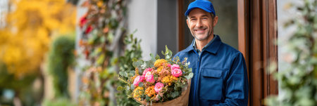 A courier wearing a uniform arrives at a home to deliver a beautifully arranged bouquet of vibrant flowers during the autumn season.の素材