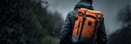 A courier braves the downpour, walking in an urban area while carrying a weatherproof backpack, completely focused on the path ahead.の素材