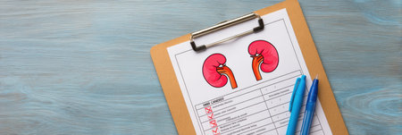 Clipboard displays kidney function checklist with illustrations, pens placed nearby, suitable for health management and patient assessment activities.の素材