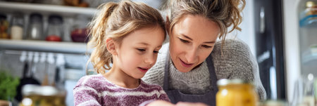 A mother and daughter bond over labeling homemade frozen soups in a brightly lit kitchen, with cheerful energy and shared laughter.の素材