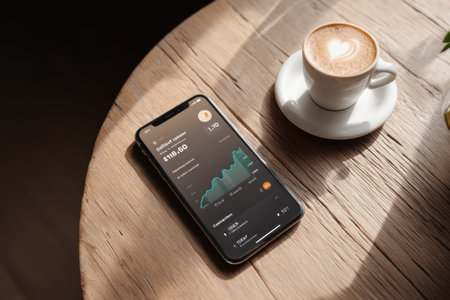 A smartphone shows an interactive caffeine tracker app with consumption data beside a small cup of coffee on a rustic wooden tableの素材