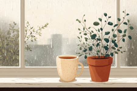 Raindrops trickle down the window while a warm cup of tea and a thriving plant sit on the sill, creating a peaceful and inviting atmosphere.の素材