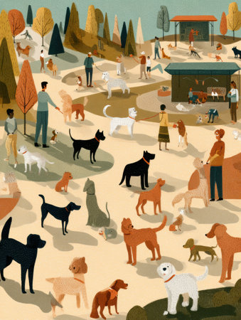 Numerous dogs play together while their owners chat cheerfully in an open space at the park, showcasing a lively community atmosphere in the afternoon.の素材