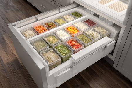 Freezer drawer showcases multiple sliding trays filled with assorted meals and vegetables, providing easy access and optimal organization for meal planning.の素材