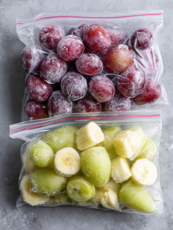 Frozen grapes and banana pieces neatly packed in zip bags, ready for use in drinks or as a nutritious snack option. Perfect for a quick treat.の素材