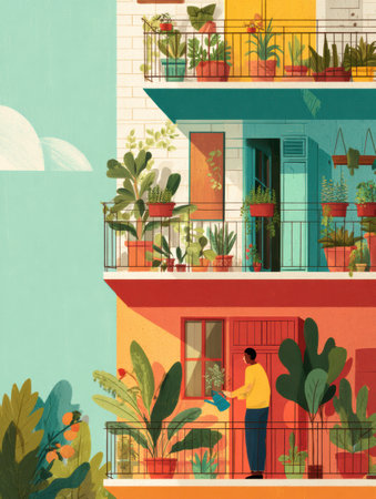 Brightly colored balcony garden features abundant greenery as a person waters potted plants, creating a serene atmosphere in an urban environment.の素材