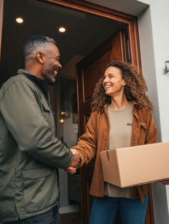 A courier and a customer smile and fist-bump after a successful package delivery at the customers doorstep, conveying a friendly atmosphere.の素材