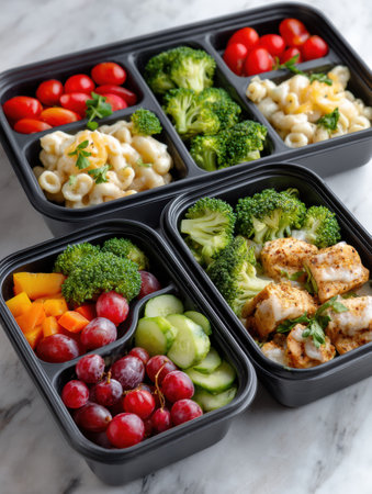 Freshly prepared frozen lunch meals showing a variety of healthy ingredients, including vegetables, fruit, and protein, designed for convenient eating.の素材