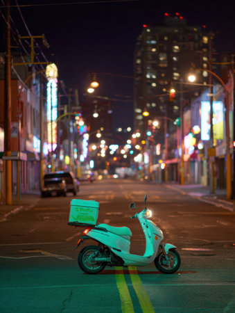 A delivery scooter with neon lights stands on a deserted road at night, surrounded by illuminated buildings, highlighting the urban nightlife.の素材