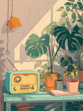 A warm and inviting indoor setting features a vintage radio alongside vibrant houseplants, bathed in soft natural light for a tranquil ambiance.の素材