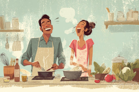 Two people are joyfully cooking together, sharing laughter while preparing fresh ingredients in a charming kitchen filled with warmth and cheer.の素材