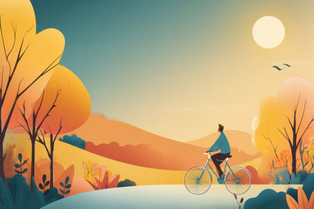 Enjoy a peaceful bicycle ride along winding paths surrounded by vibrant autumn foliage during the captivating golden hour.の素材
