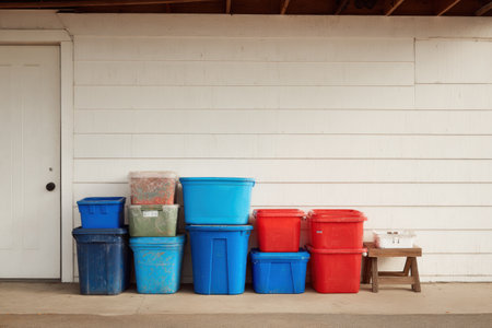 A variety of unlabeled containers in different colors are stacked securely against a garage wall, providing an organized storage solution.の素材