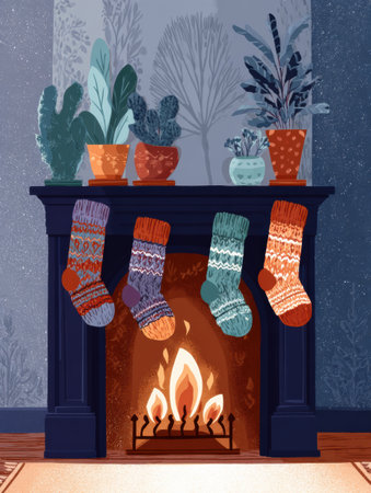 A comfortable winter setting features a glowing fireplace surrounded by decorative plants and four vibrant knitted socks hanging from the mantel.の素材