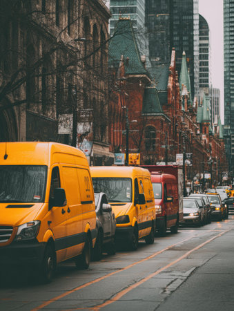 Branded delivery vans are lined up on a bustling urban street with towering buildings, creating a contrast against the muted sky and cityscape.の素材