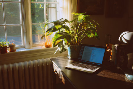 Sunlight streams into a cozy home workspace with a laptop and a thriving plant, creating an inviting environment for remote work and focus.の素材