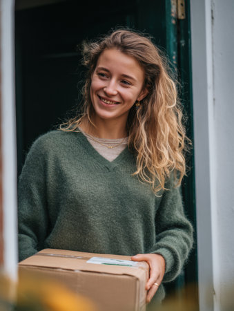 A woman with curly hair stands at her doorstep, smiling as she accepts a carefully packaged eco-friendly delivery box in a quiet neighborhood.の素材