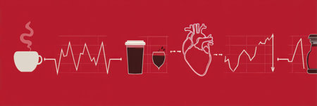Infographic shows how caffeine affects heart rate with visuals of coffee, heart activity, and fluctuating data graphs.の素材