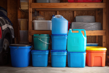 Colorful stack of unlabeled containers in a garage space, showcasing neat organization with a clear area to the left for ease of access and storage purposes.の素材