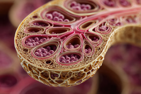 Nephron structure displays intricate layers and cellular components, emphasizing filtration and absorption processes vital for kidney function.の素材
