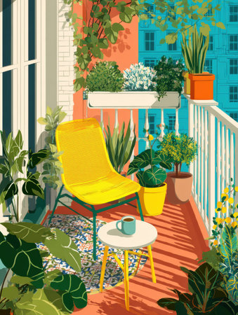 A balcony cozy garden features a bright yellow chair and a warm cup of coffee, surrounded by lush greenery and colorful plants under a sunny sky.の素材
