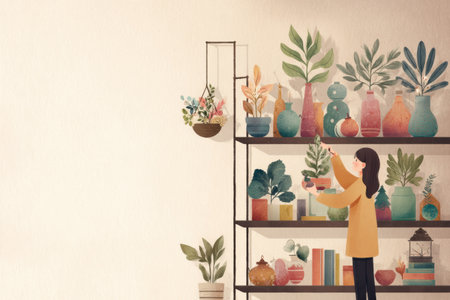 Seasonal decor is being thoughtfully arranged on shelves, featuring various plants and vibrant decorative items, creating an inviting atmosphere.の素材