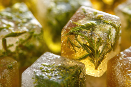 Bright macro shot showcases frozen cubes of fresh herbs suspended in olive oil, perfect for adding flavor to various dishes at any time.の素材
