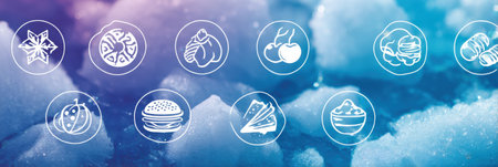 Brand icons representing various frozen food options are displayed prominently on a gradient with icy textures, creating an attractive and clear layout.の素材