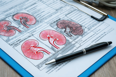 Medical documents detailing kidney function tests are laid out on a wooden table, featuring diagrams of kidney anatomy and function for analysis.の素材
