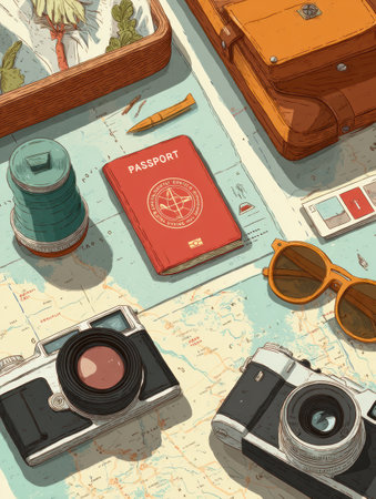 Discover essential travel items like a passport, map, cameras, and stylish sunglasses for your next adventure!の素材