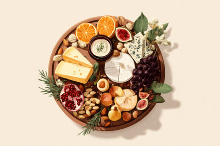 Elegant cheese board display featuring a variety of cheeses, colorful fruits, and assorted nuts, perfect for an inviting gathering or celebration.の素材