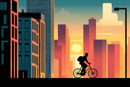 Cyclist rides through a dynamic urban landscape at sunrise, showcasing bright buildings and a warm glow from the rising sun.の素材