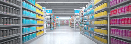 Color-coded safety labels enhance visibility and organization in the pharmacy aisle, showing various health and wellness products for customers.の素材