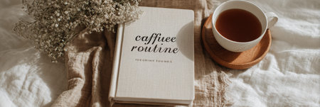 A morning unfolds with a warm cup of tea and an open journal titled caffeine-free routine, surrounded by dried flowers on a soft textile.の素材