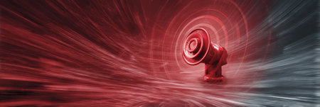 A vibrant red alert siren stands out in a digital space, surrounded by dynamic motion effects and a fading background, conveying urgency and intensity.の素材