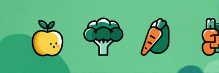 Vibrant illustrations of an apple, broccoli, carrot, and kidney create a cheerful depiction of nutritious foods on a gentle green backdrop.の素材