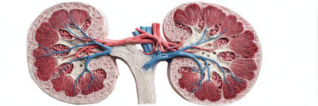 Detailed cross-section of a 3D kidney showing the smooth blood vessels with a clear left zone, emphasizing anatomical structures and blood flow.の素材