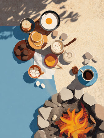 Gather around a cozy fire pit for a delicious camping breakfast featuring coffee, pancakes, eggs, and a variety of tasty treats in a serene outdoor setting.の素材