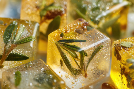 Frozen cubes of herbs suspended in olive oil present a vibrant macro view, highlighting the texture and colors of the natural ingredients.の素材