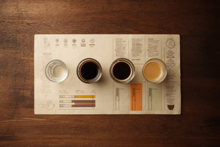 A selection of coffee shots arranged on a menu, illustrating caffeine levels from low to high, set on a rustic wooden tabletop, inviting exploration.の素材
