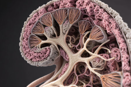 Cross-section depicts nephron structure with intricate details of renal components involved in filtration, showing the clean left zone and vital processes.の素材