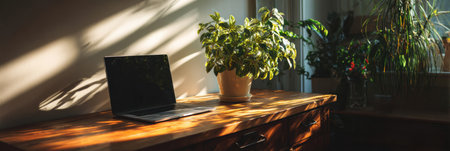 Work from home environment showcasing a sleek laptop next to a vibrant plant on a wooden desk illuminated by warm sunlight streaming inの素材