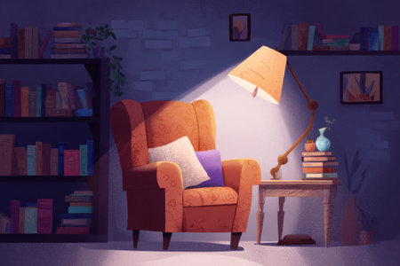 A warm light from a lamp illuminates a comfortable armchair placed next to a small table adorned with a plant, perfect for reading at night.の素材